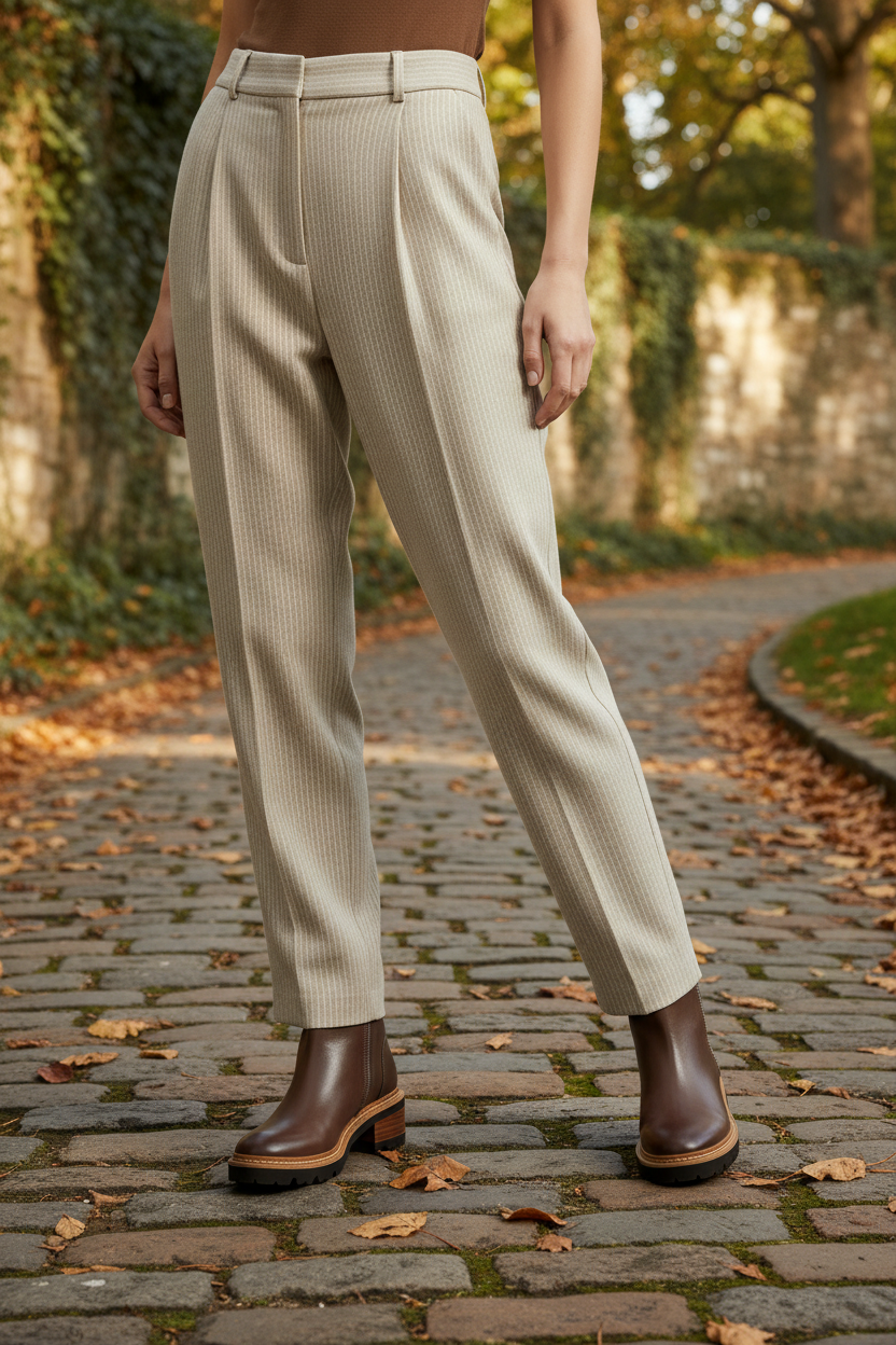 Brown leather ankle boot on model outdoors