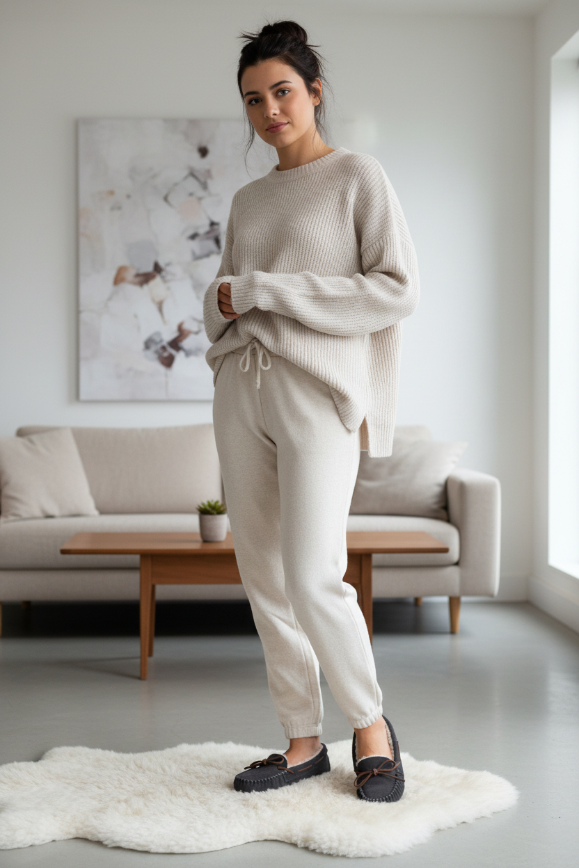 Full body model wearing charcoal grey moccasin slippers