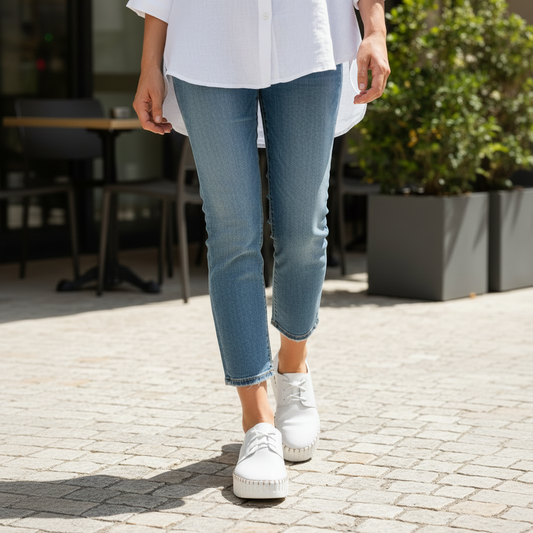Django & Juliette Batu white leather platform sneaker styled on model