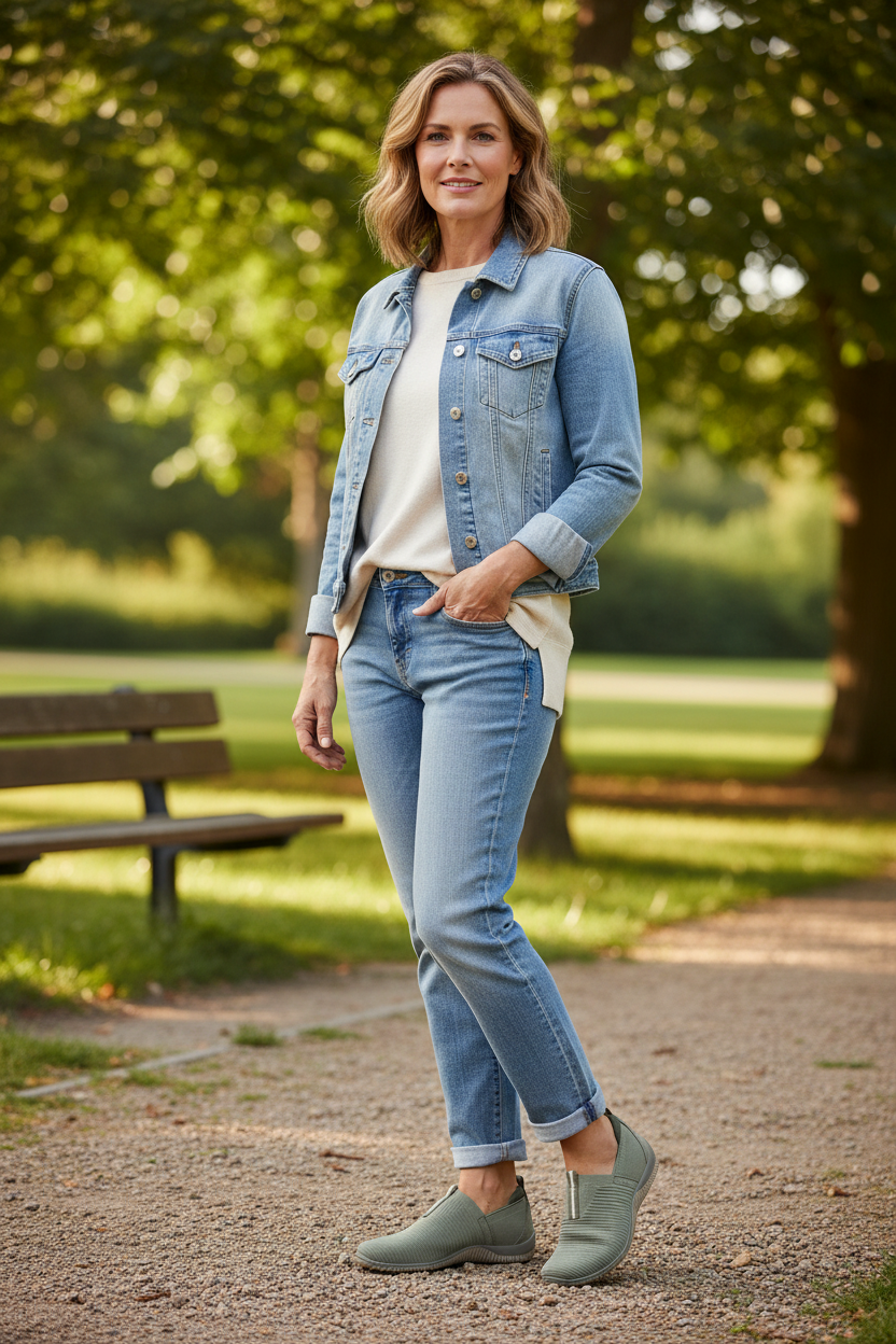 Khaki knit slip-on on casual middle aged woman