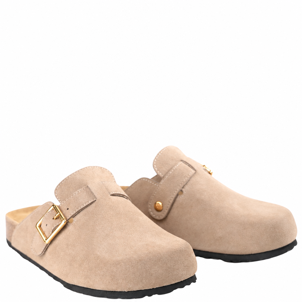 Taupe suede Los Cabos Bili shoe with polished gold buckles