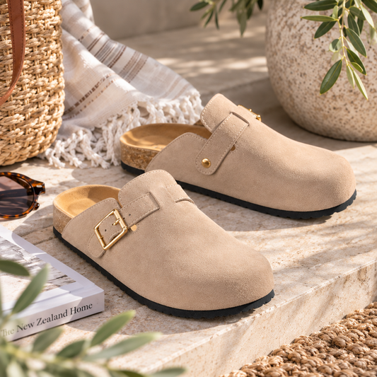 Taupe suede Los Cabos Bili shoe with polished gold buckles