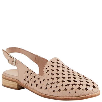 Front angled view of Django & Juliette Anuli nude slingback flat with heart-shaped leather detailing.”