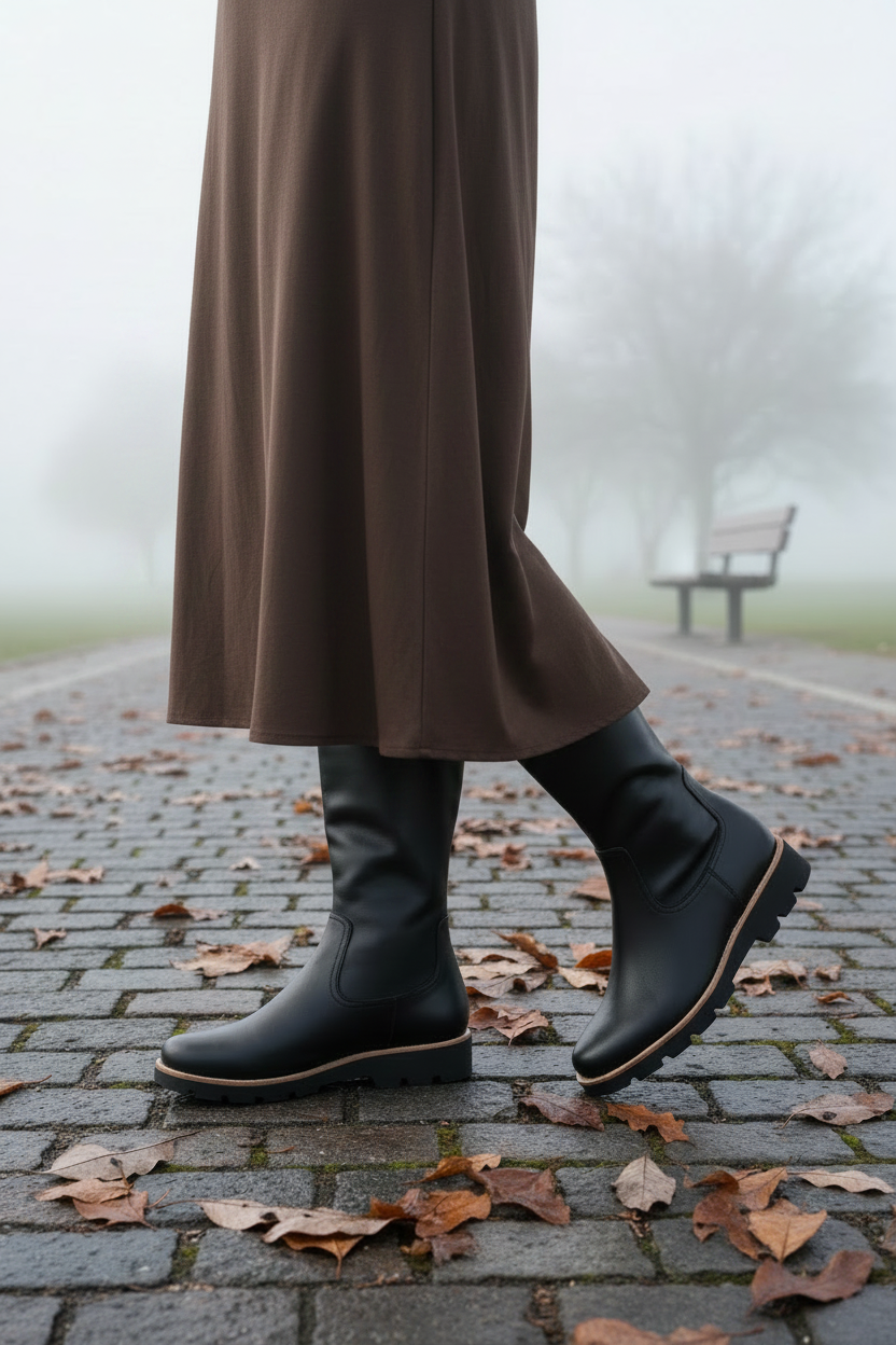Black Knee-High Boot with Long Dress Winter Scene
