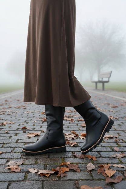 Black Knee-High Boot with Long Dress Winter Scene