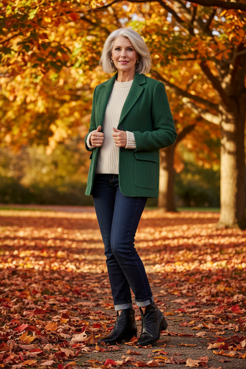 Black ruched ankle boot on mature model, casual outfit, autumnal setting