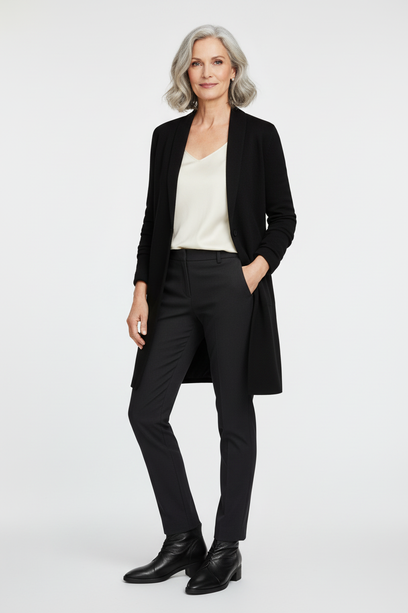 Black ruched ankle boot on mature model