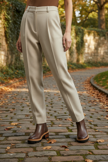 Brown leather ankle boot on model outdoors