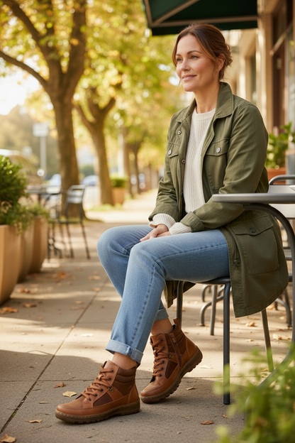 Cafe scene with corrected tan boots