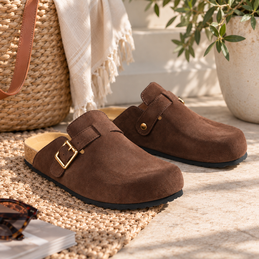 Dark brown suede Los Cabos Bili shoe with polished gold buckles