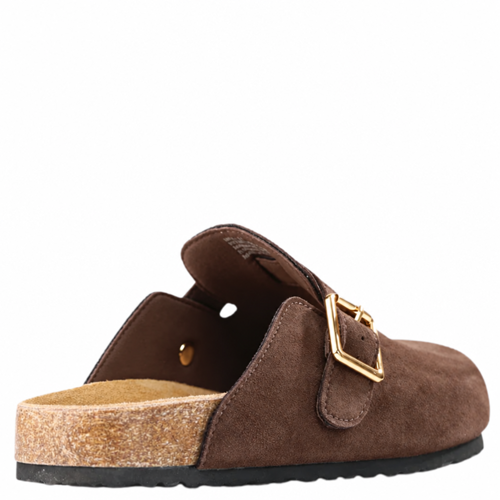 Dark brown suede Los Cabos Bili shoe with polished gold buckles