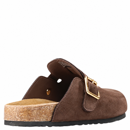 Dark brown suede Los Cabos Bili shoe with polished gold buckles
