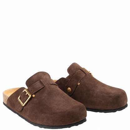 Dark brown suede Los Cabos Bili shoe with polished gold buckles