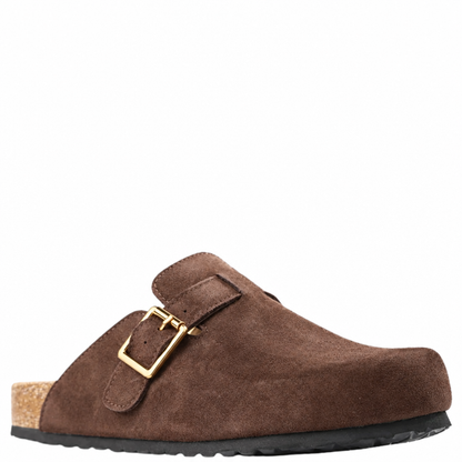 Dark brown suede Los Cabos Bili shoe with polished gold buckles