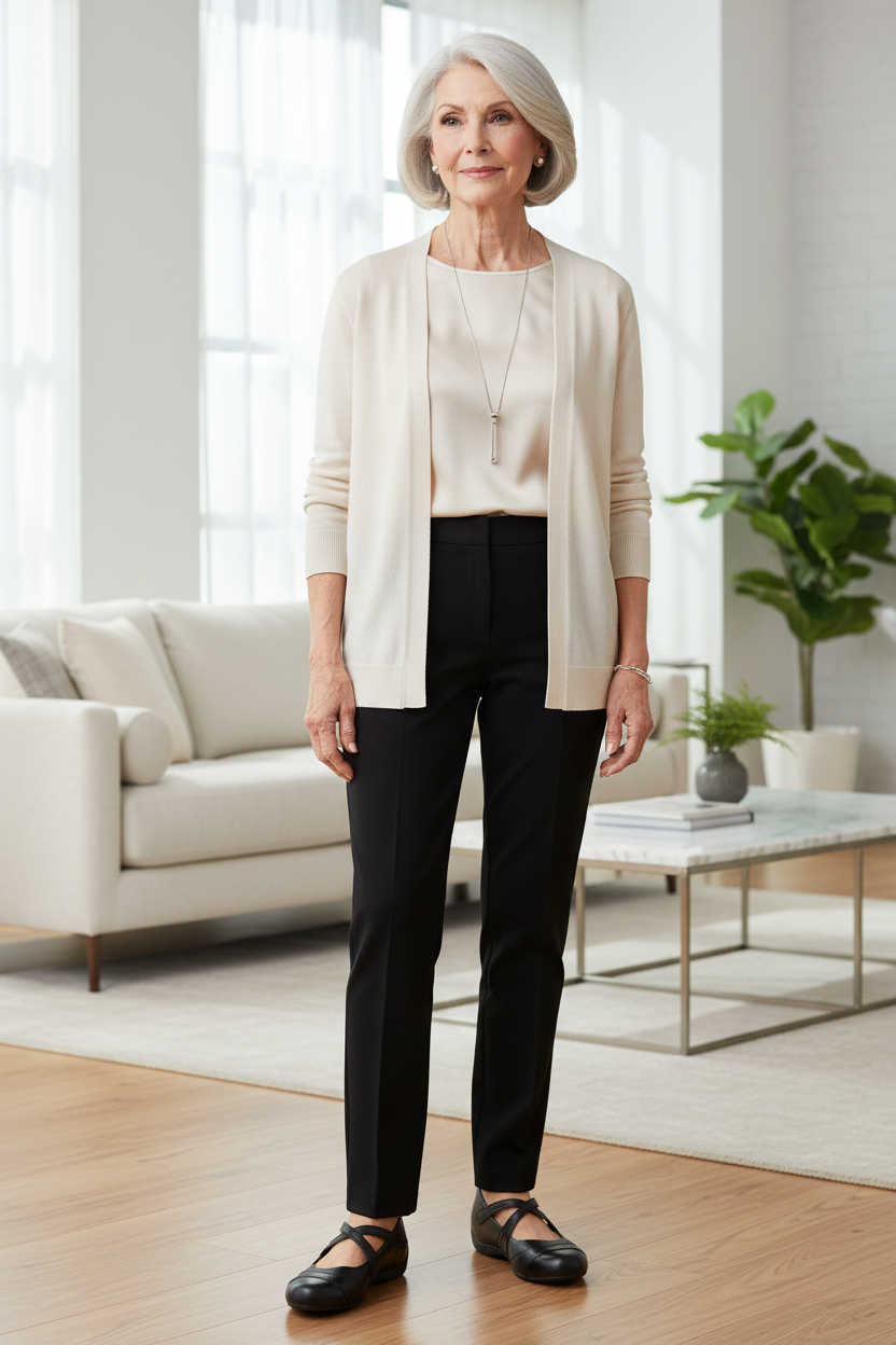 Elderly model wearing Mary Jane flats