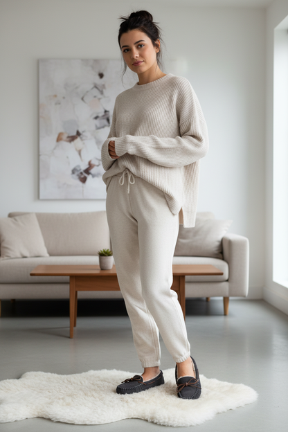 Full body model wearing charcoal grey moccasin slippers