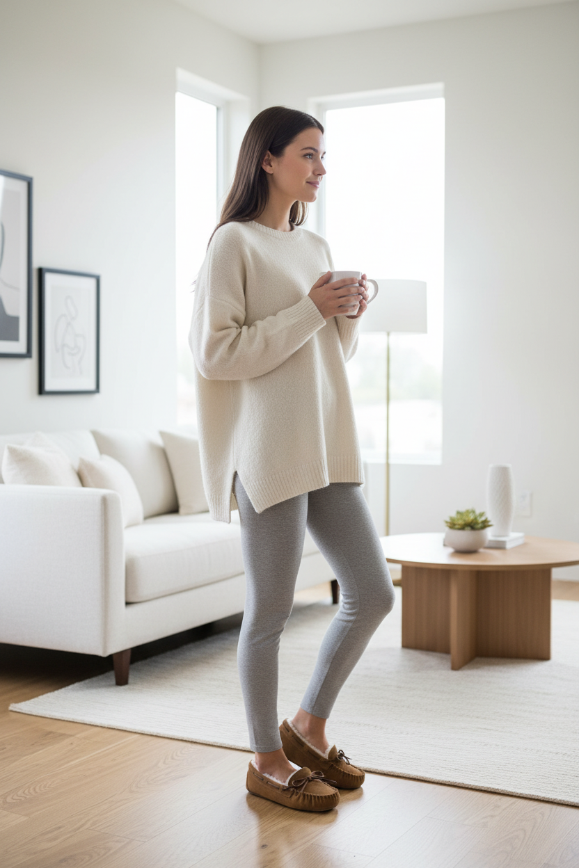 Full body model wearing tan moccasin slippers