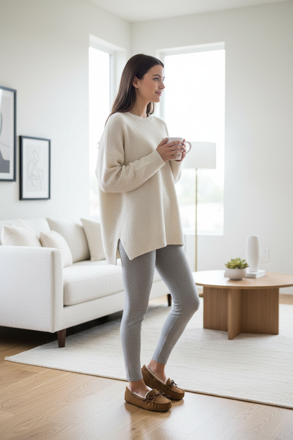 Full body model wearing tan moccasin slippers