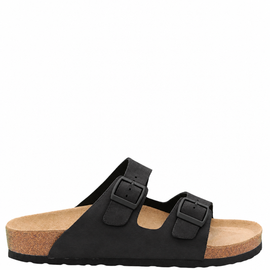 Neckermann N2718 black leather sandals with matte black buckles