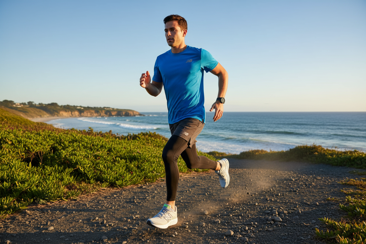 Man running in New Balance Fresh Foam Evoz ST shoes
