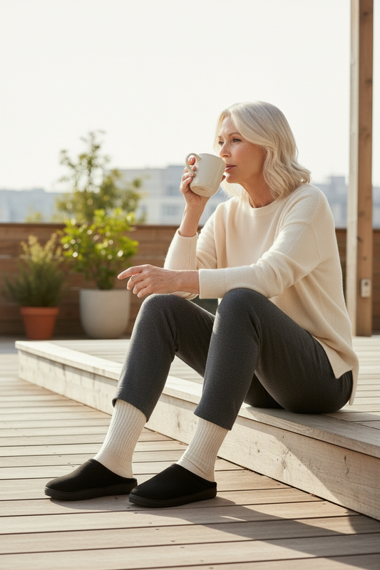 Older woman outside drinking coffee in black slippers