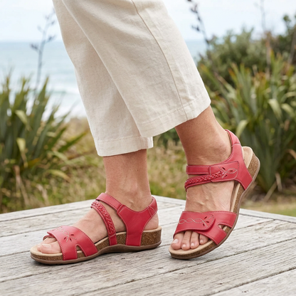Red sandals on a model
