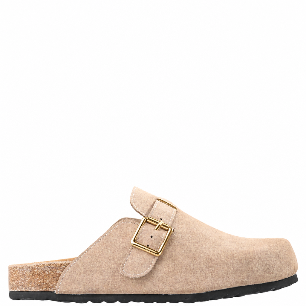 Taupe suede Los Cabos Bili shoe with polished gold buckles