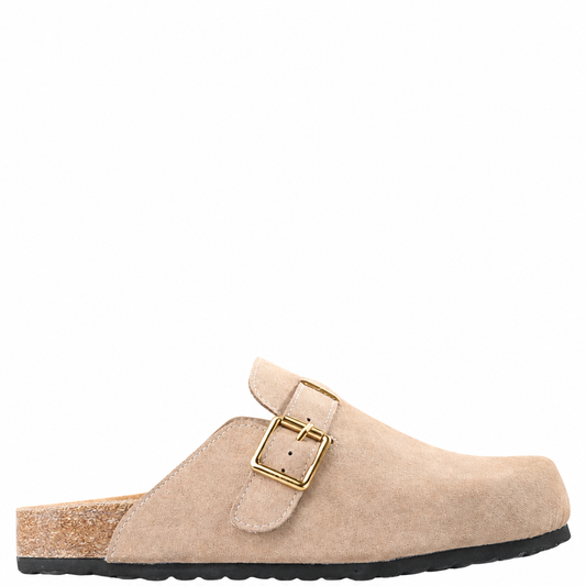 Taupe suede Los Cabos Bili shoe with polished gold buckles