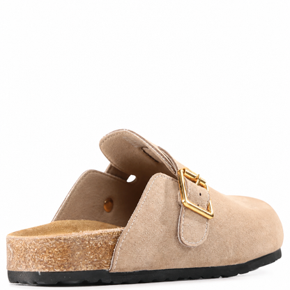 Taupe suede Los Cabos Bili shoe with polished gold buckles