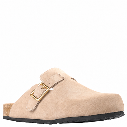Taupe suede Los Cabos Bili shoe with polished gold buckles