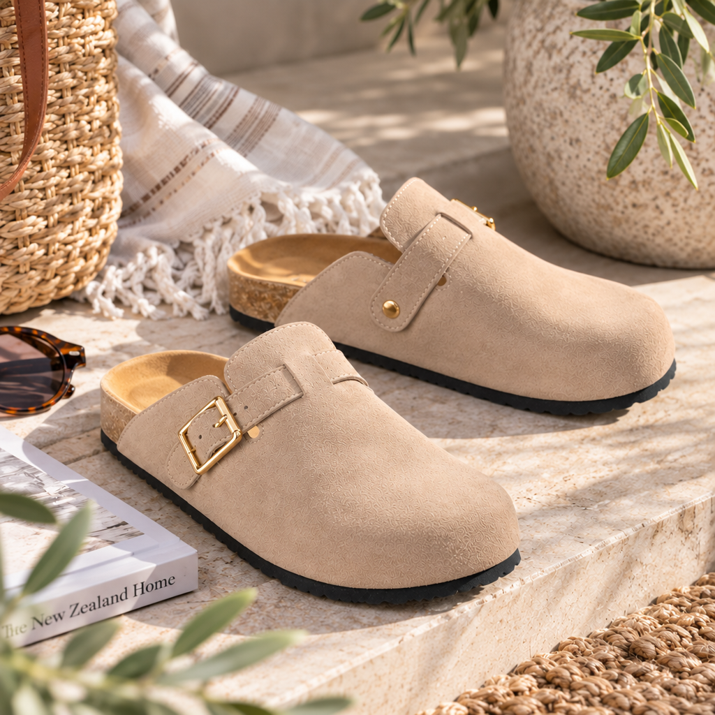 Taupe suede Los Cabos Bili shoe with polished gold buckles
