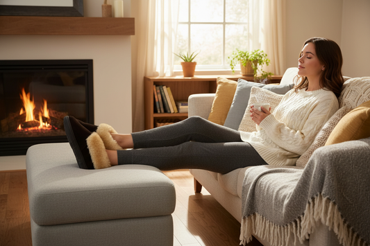 Woman in brown sheepskin slippers lifestyle shot